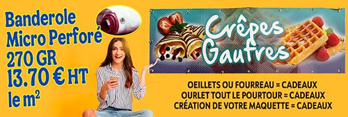 Banderole micro perforée publicitaire jusqu'à 15 m de long avec ourlets et œillets ou fourreaux.